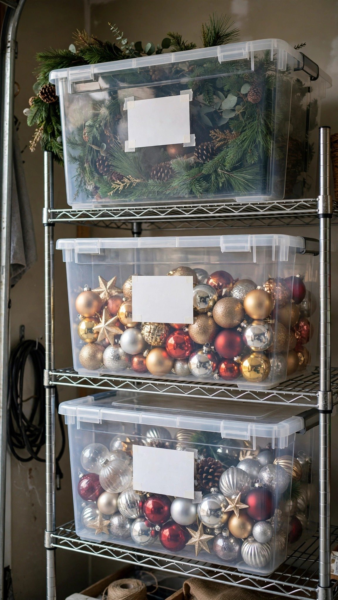 Labeled Christmas storage bins on shelves