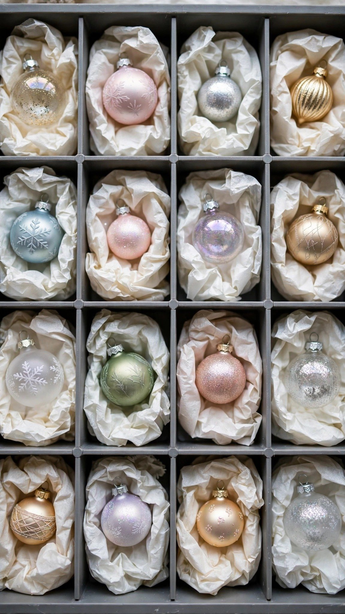 Ornaments stored in divided trays