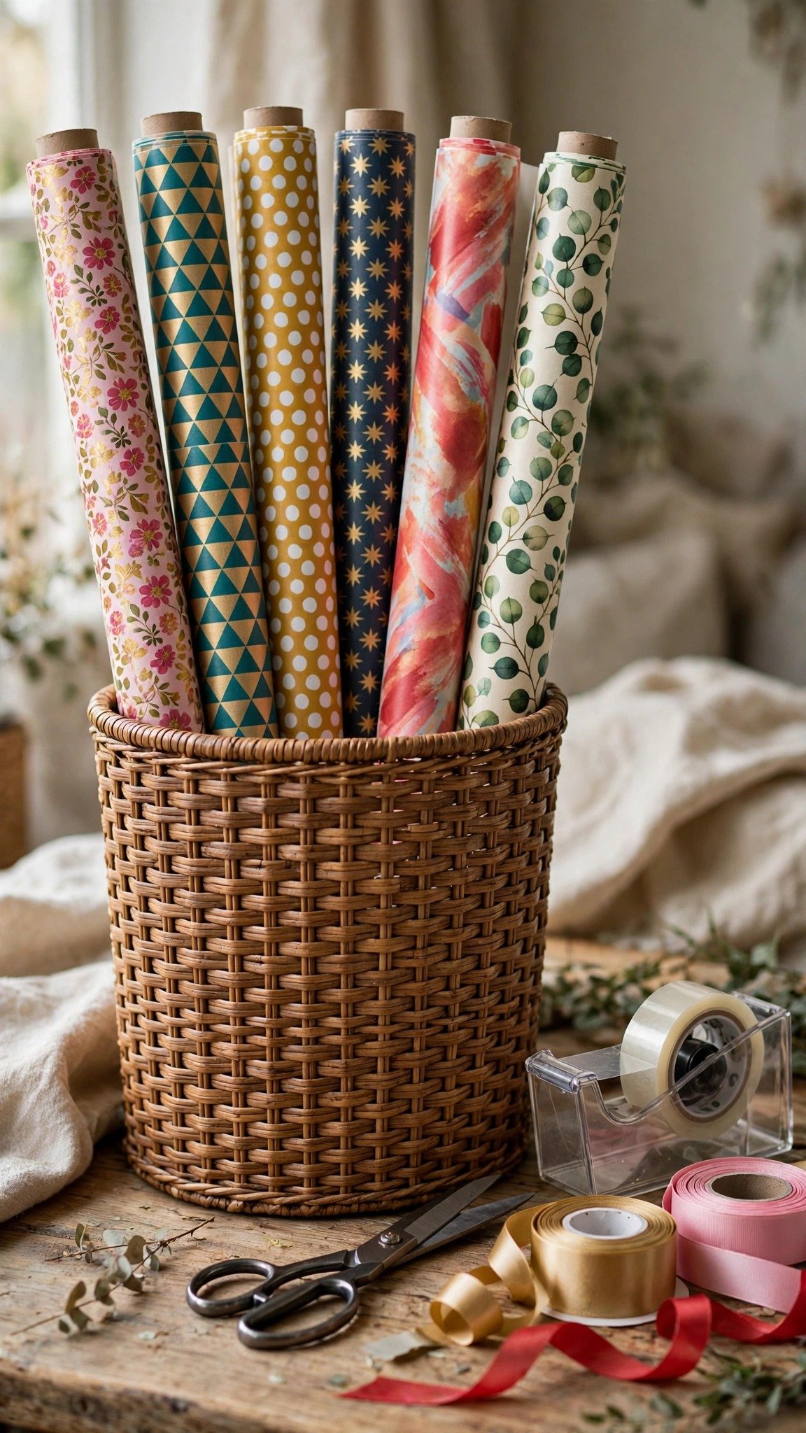Wrapping paper rolls stored upright in a tall bin