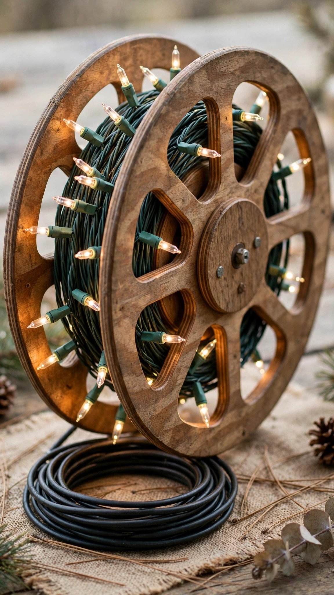 Christmas string lights wound neatly on a reel