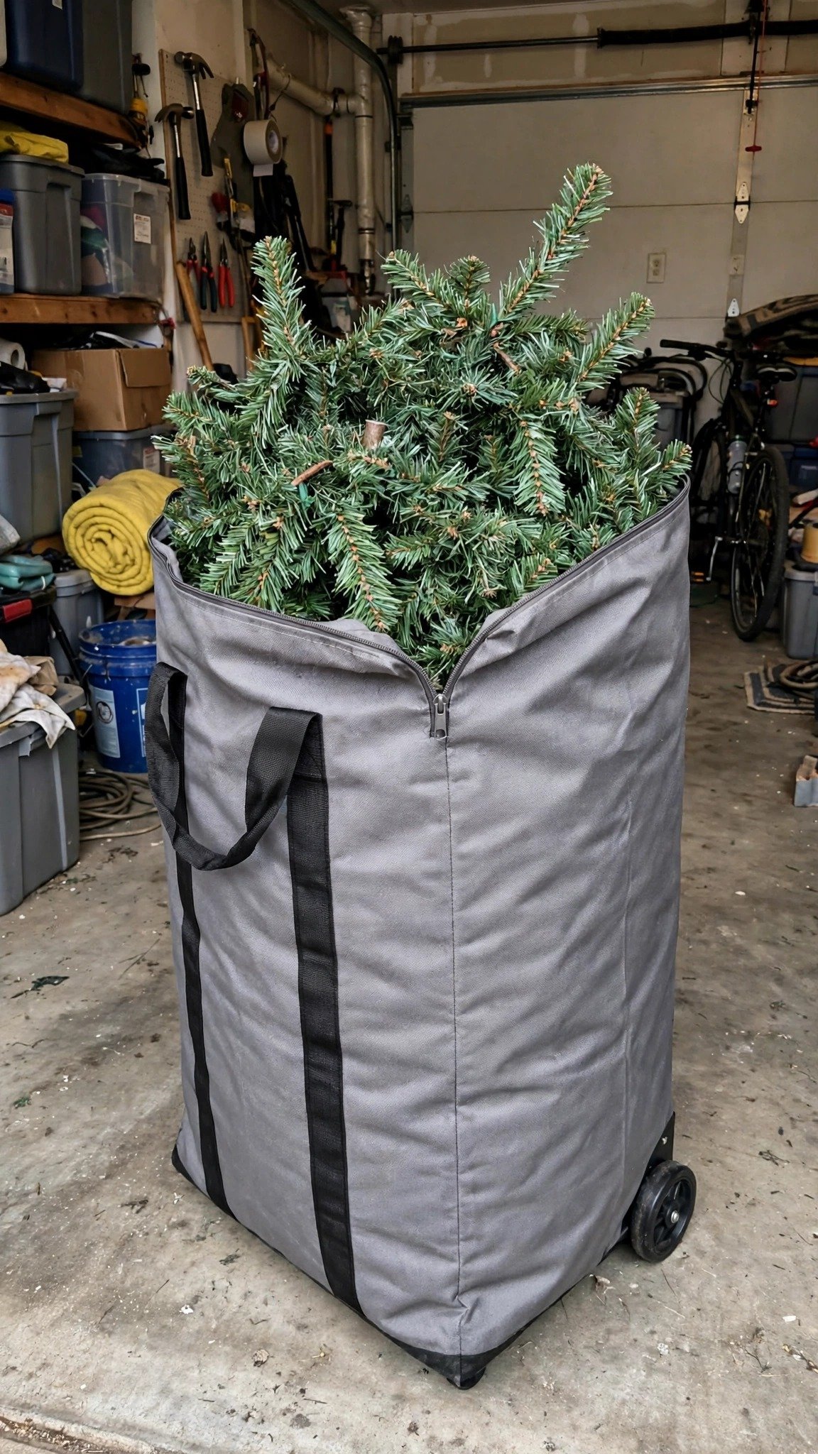Artificial Christmas tree in a rolling storage bag