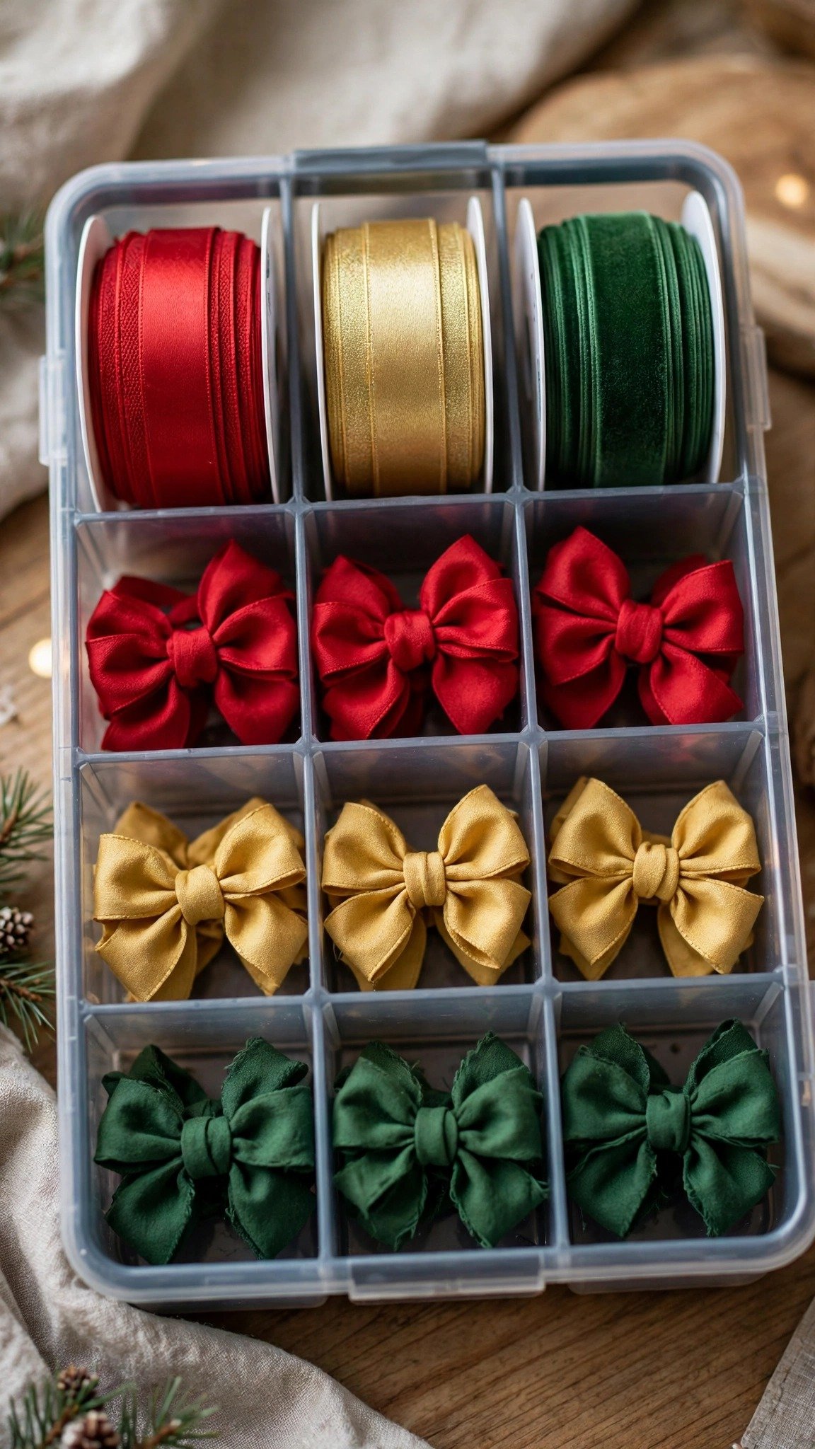 Ribbons and bows organized in a craft caddy