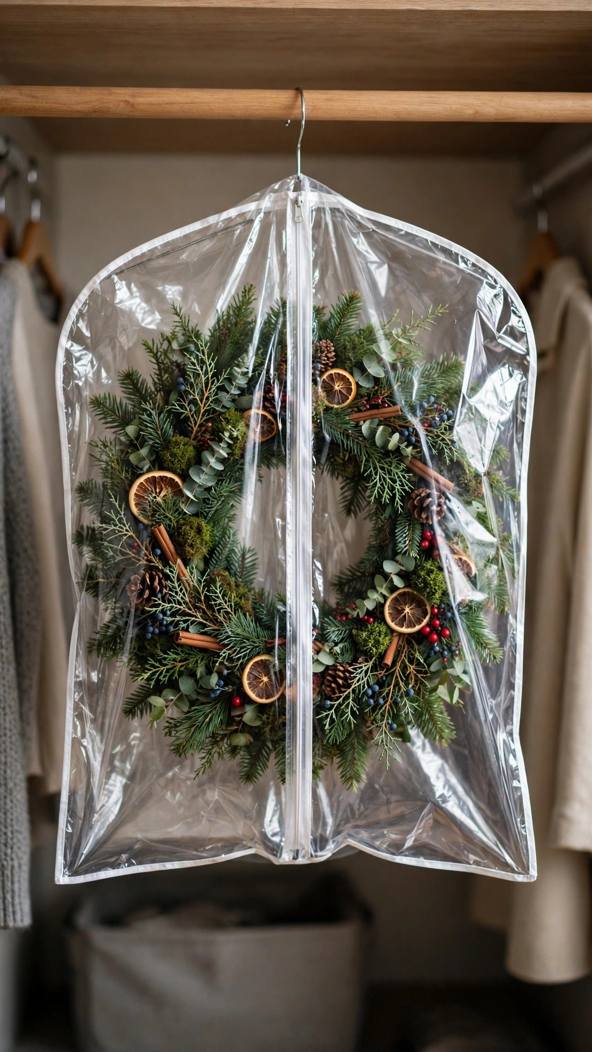 Christmas wreath stored in a clear garment bag hanging in a closet