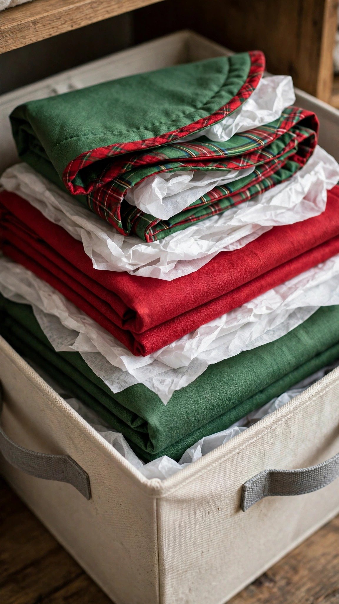 Folded holiday table linens stored in a fabric bin