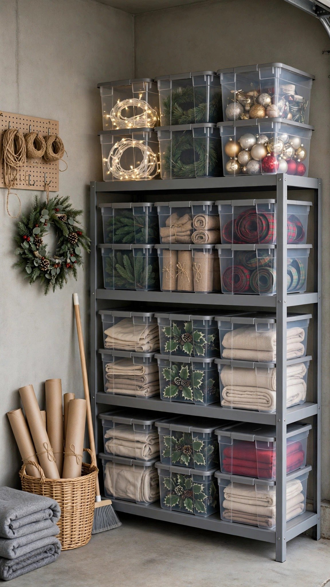 Neat holiday storage station with labeled bins on shelves