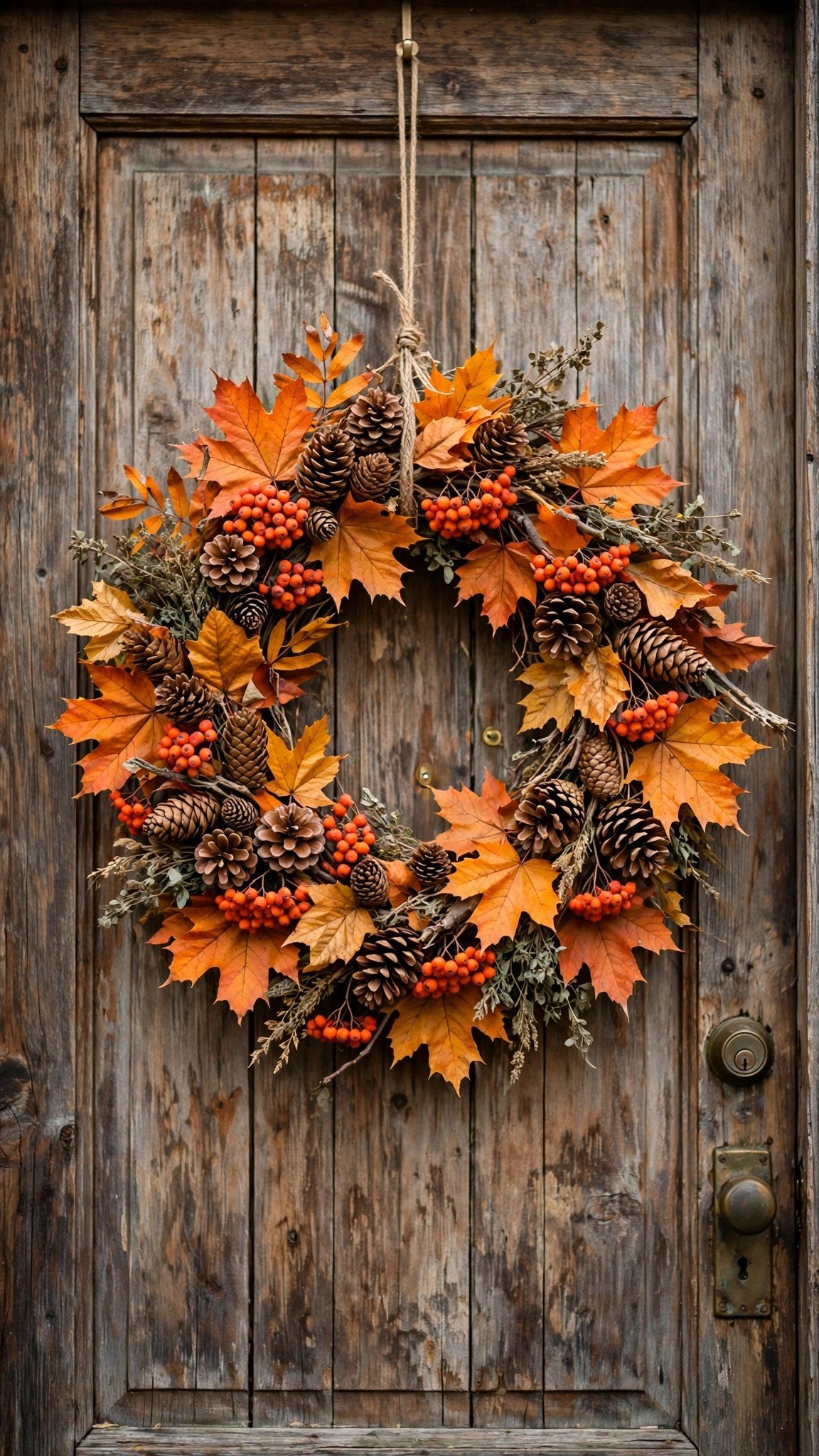 Handmade fall wreath with orange leaves and berries for sale