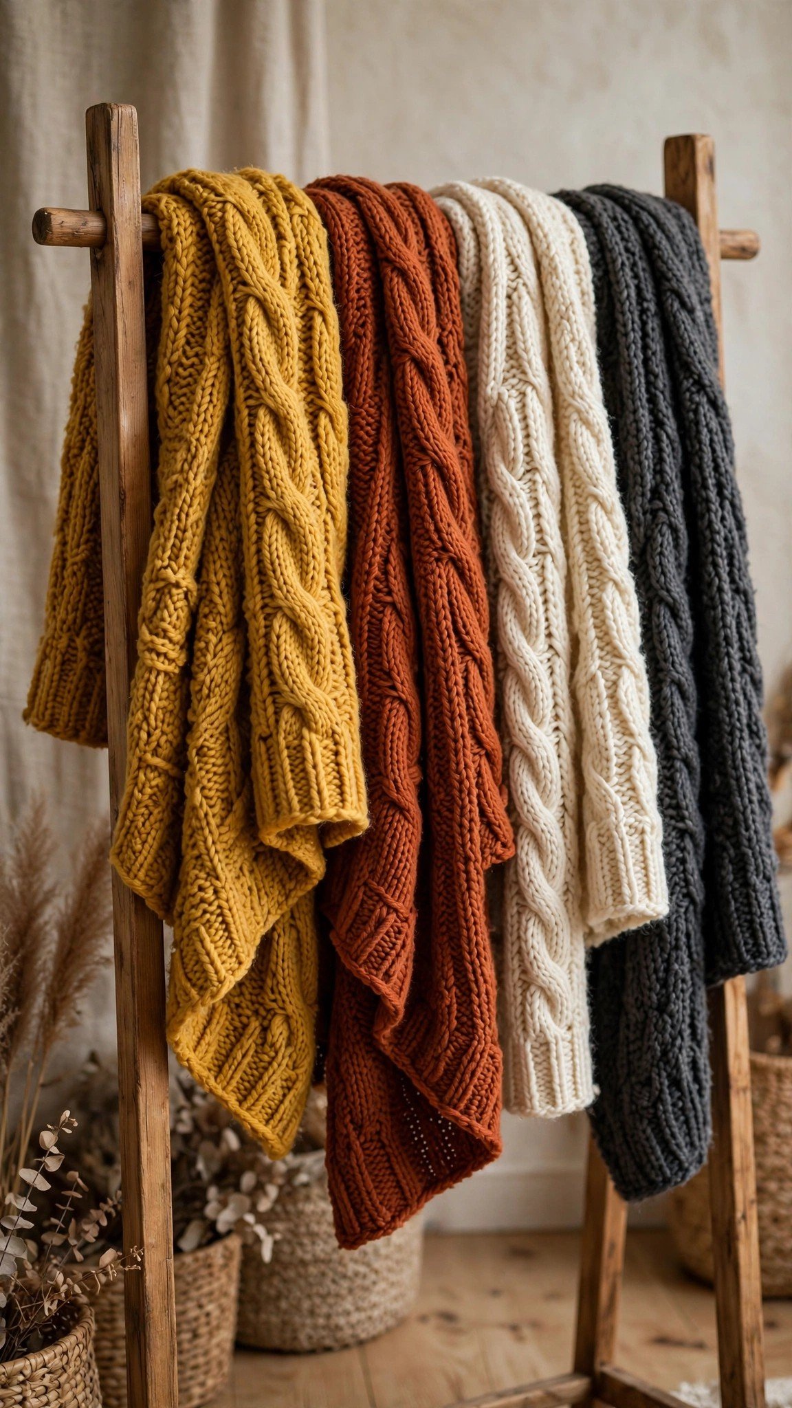 Chunky hand-knitted scarves in fall colors for sale
