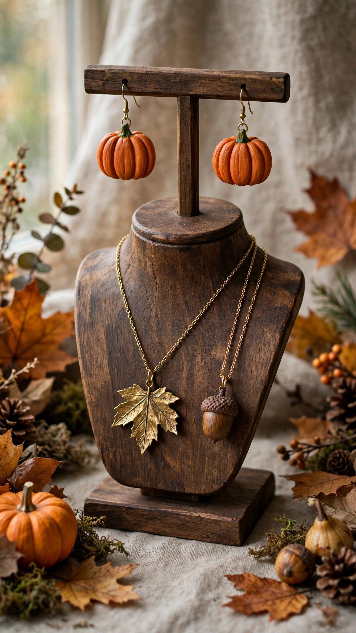 Handmade fall-themed jewelry with leaf and acorn pendants
