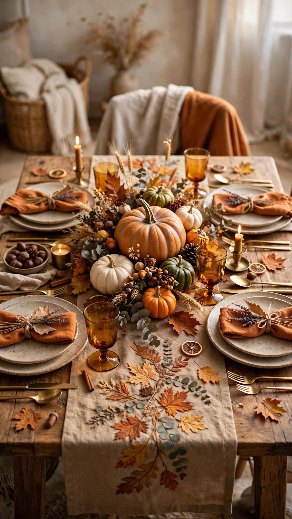 Harvest tablescape set with pumpkin centerpiece and fall table runner