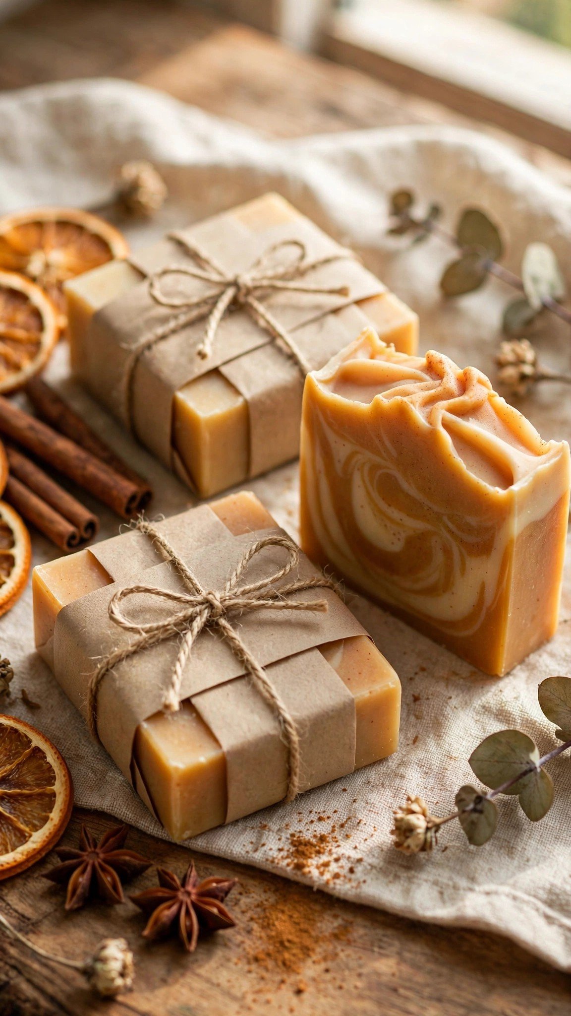 Handmade pumpkin spice soap bars wrapped in kraft paper