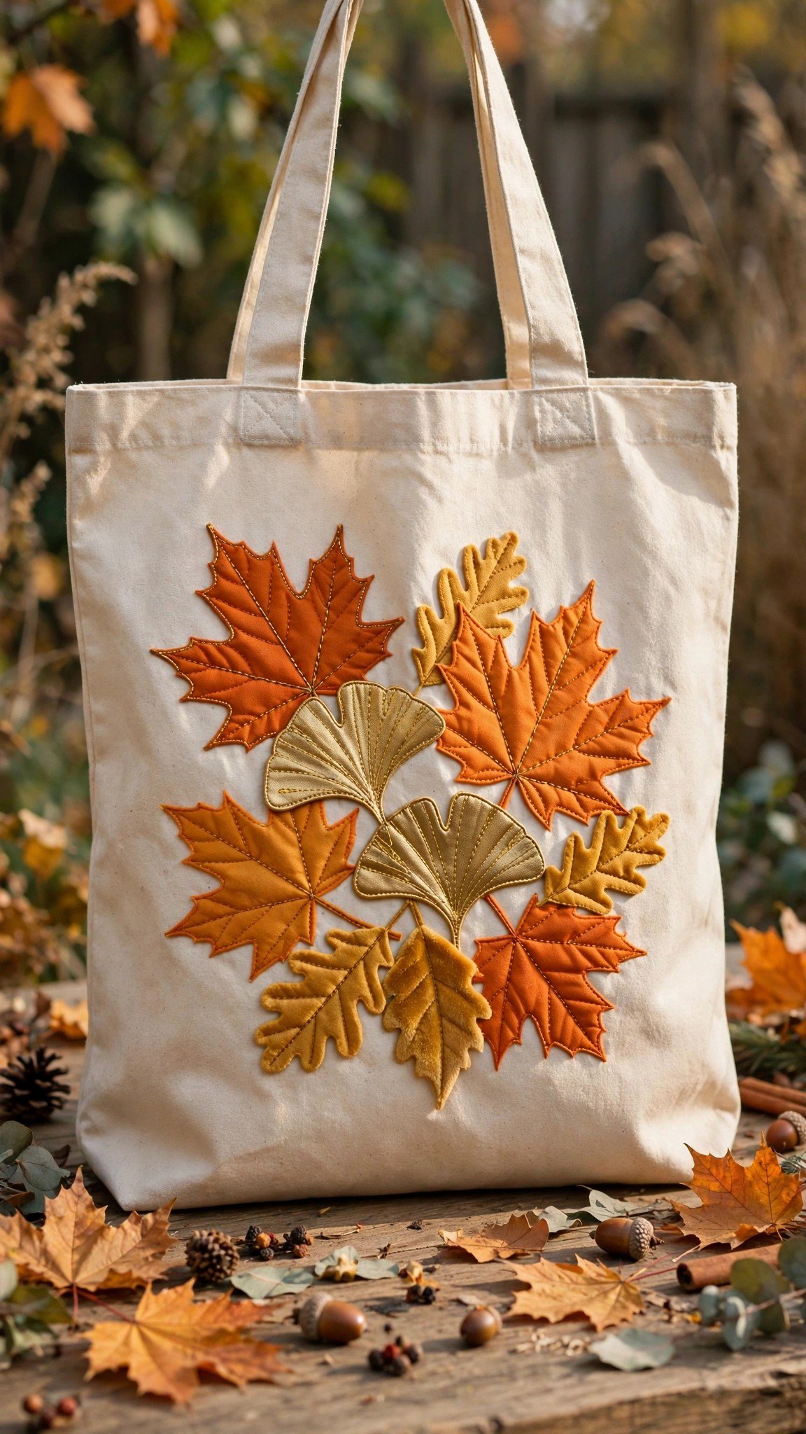 Canvas tote bag with fall leaf appliqué design
