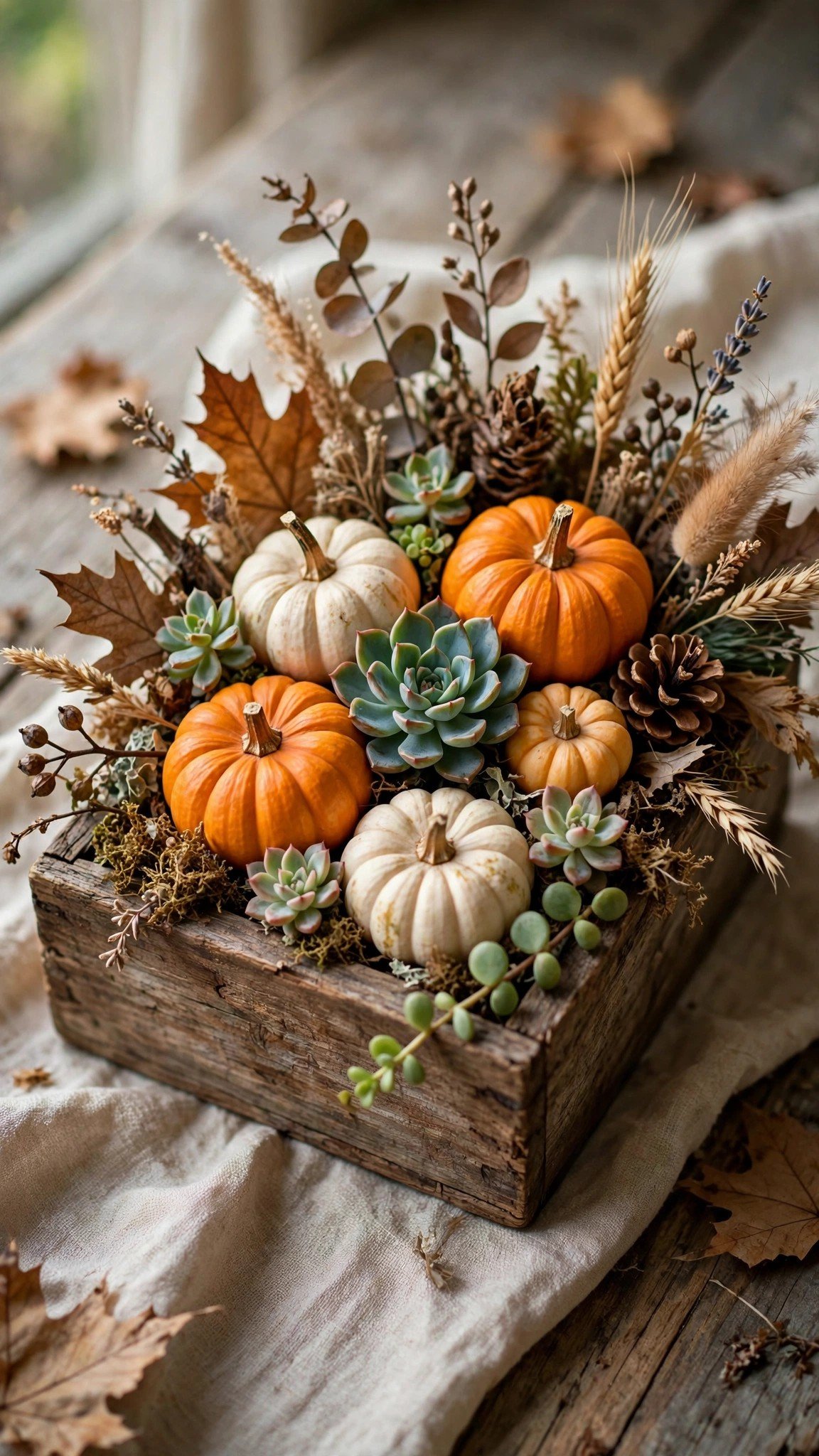 Mini pumpkin arrangement with succulents and fall foliage