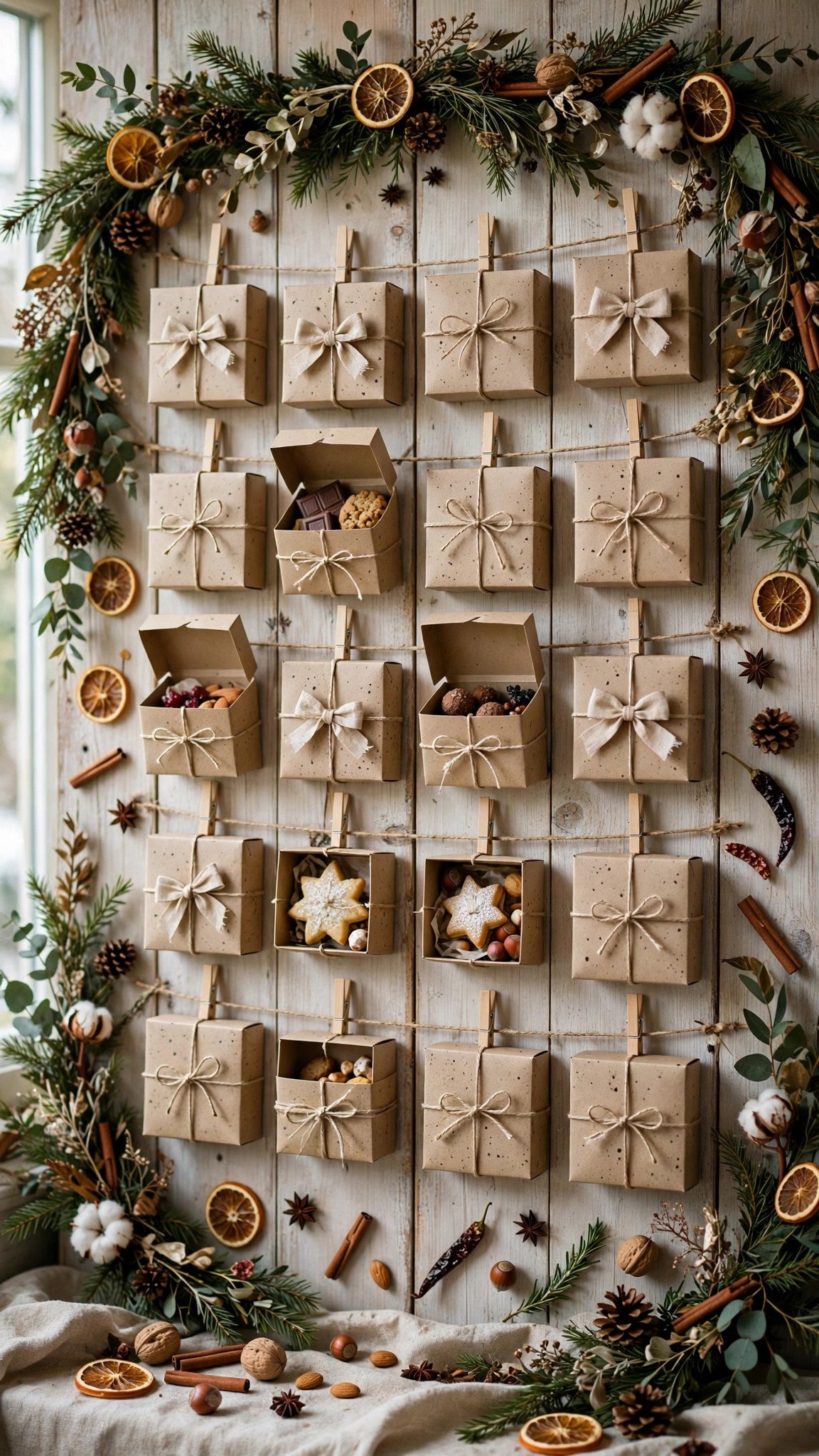 Handmade advent calendar with small numbered gift boxes and treats