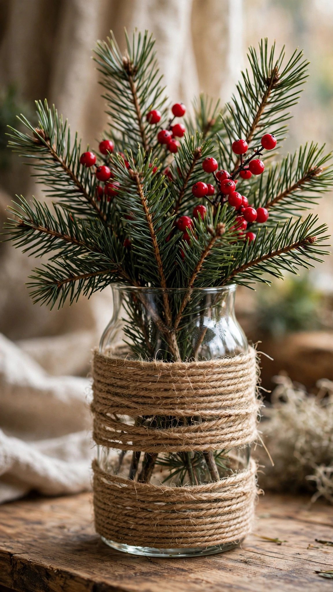 Glass vase wrapped in jute twine with pine branches and red berries