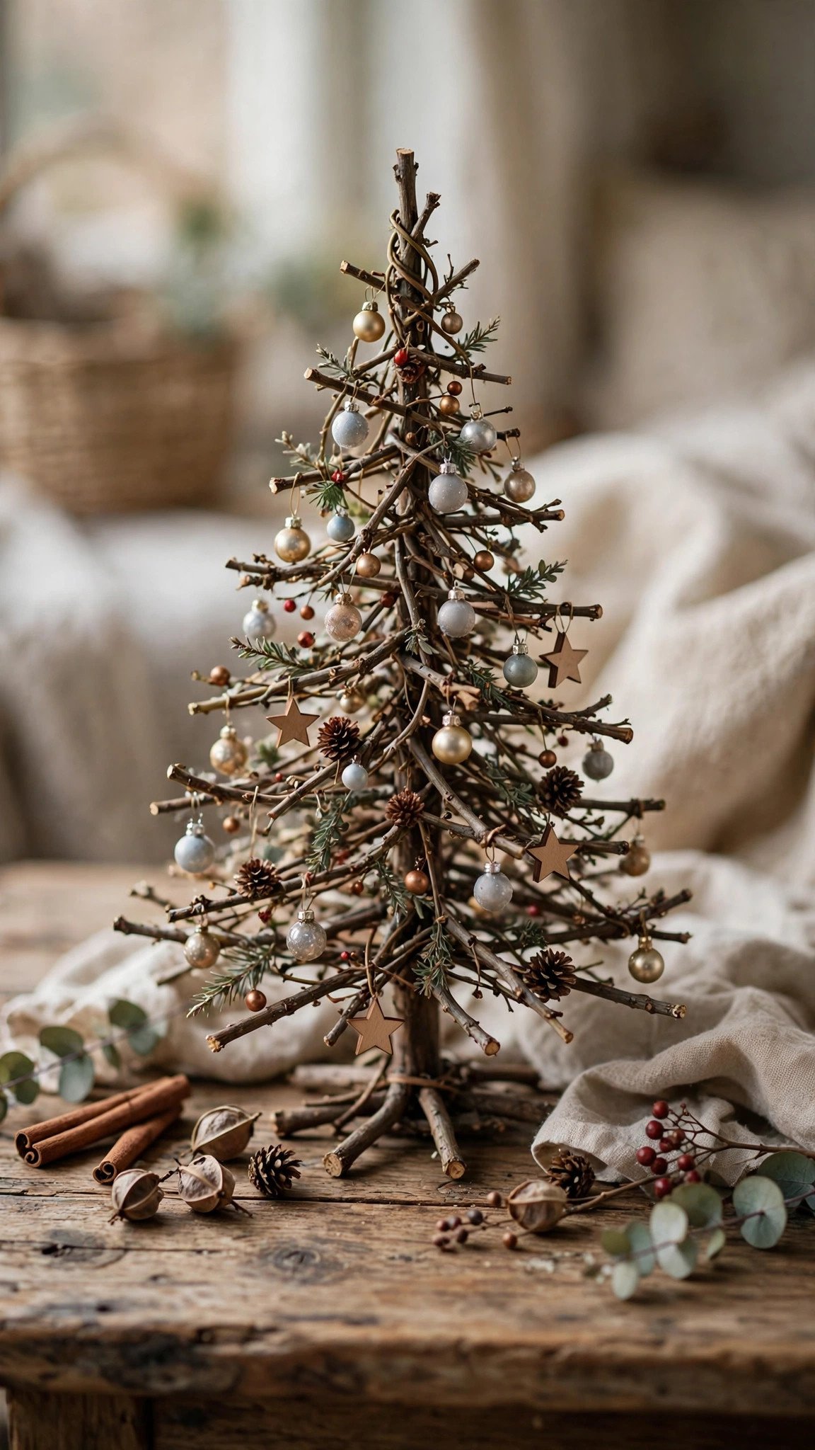 Small rustic twig Christmas tree with tiny ornaments on a tabletop