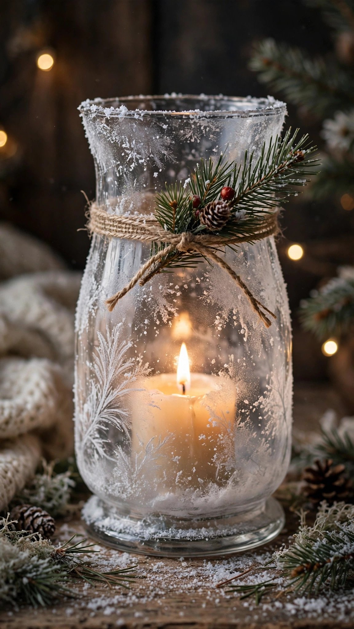 Glass hurricane candle holder decorated as a snowy Christmas lantern