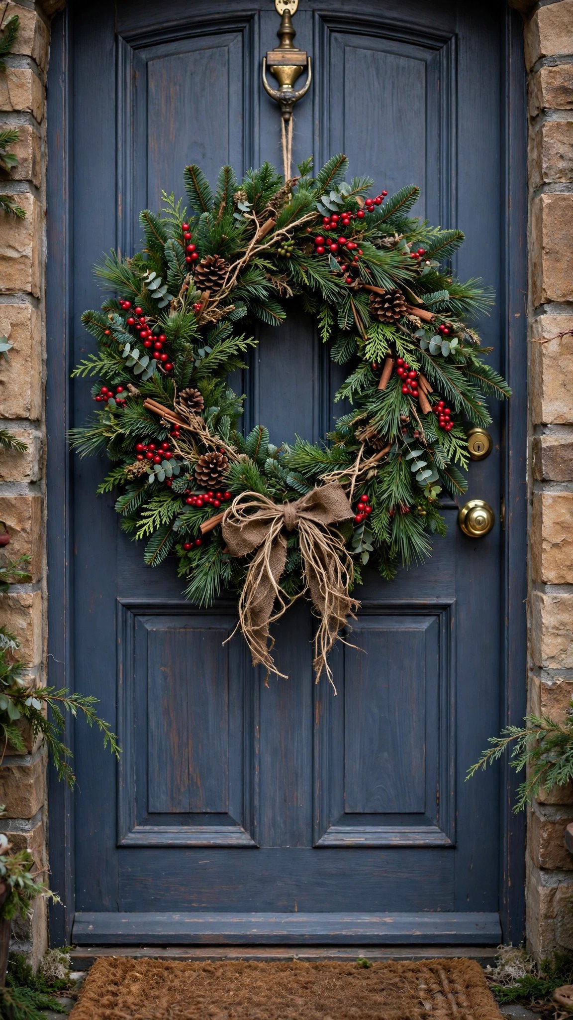 Handmade Christmas wreath with pine branches and red berries on a front door