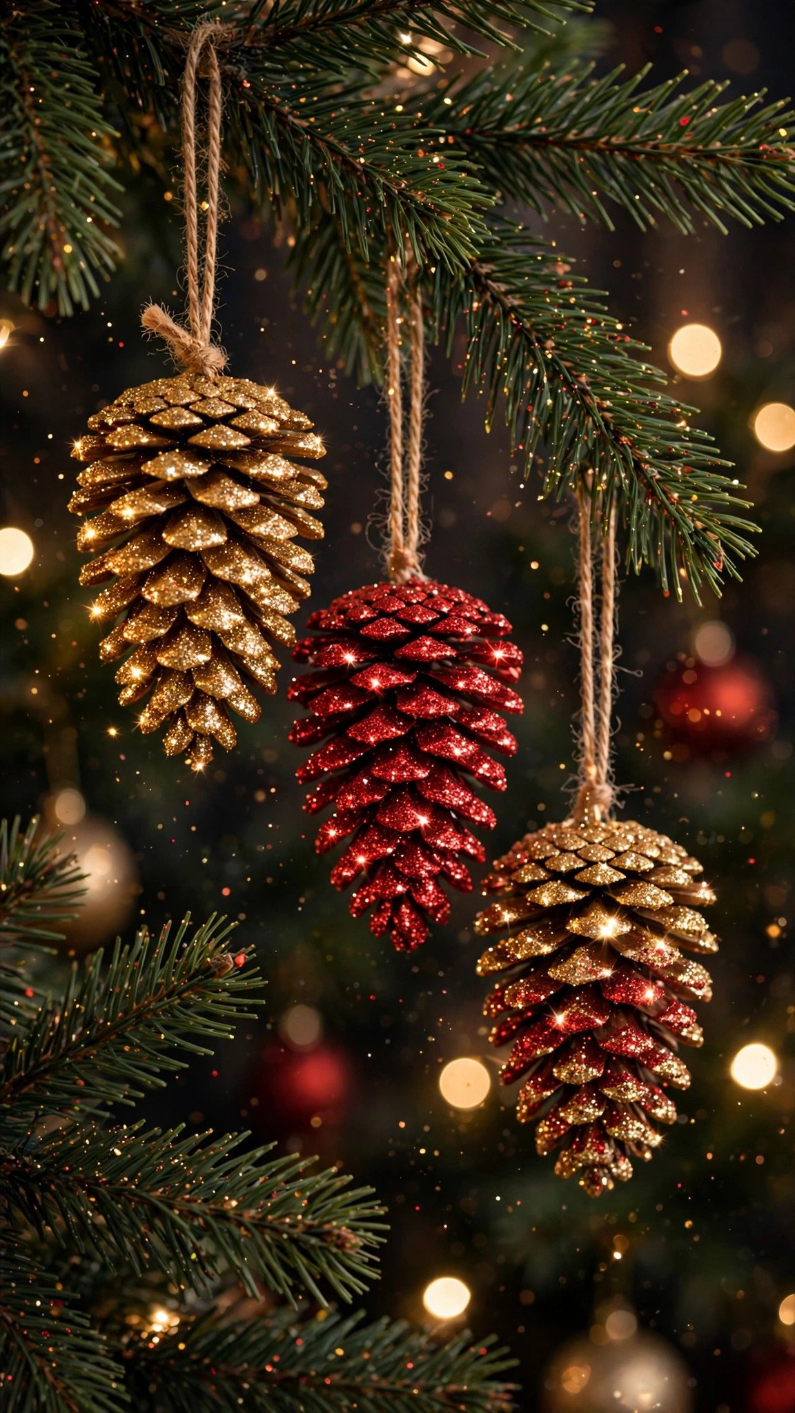 Pinecones covered in gold and red glitter hanging as Christmas ornaments