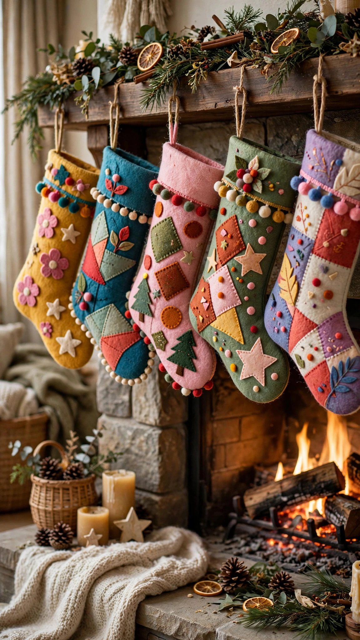 Colorful no-sew felt Christmas stockings hanging by a fireplace