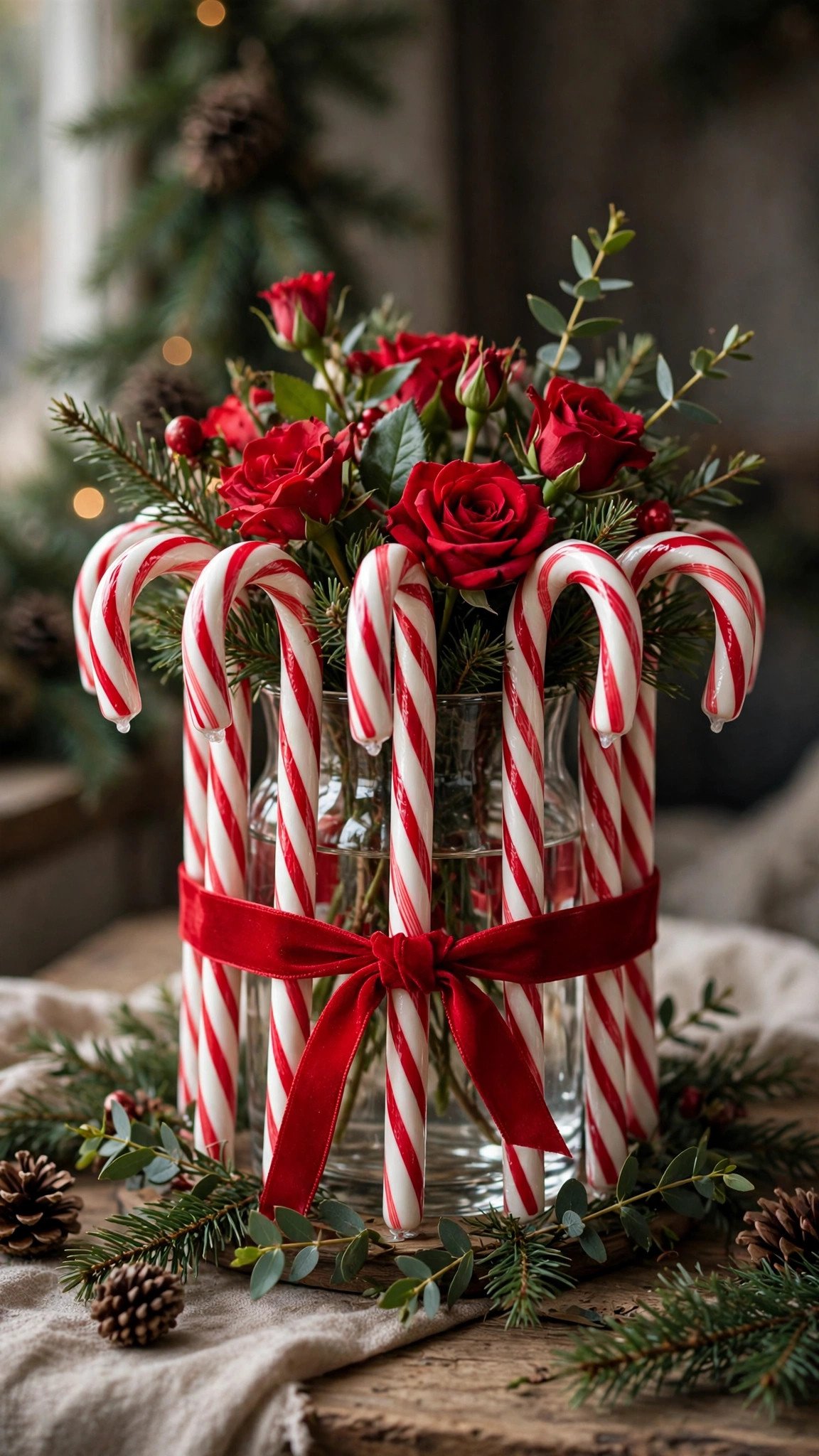 Christmas centerpiece vase surrounded by candy canes with red flowers
