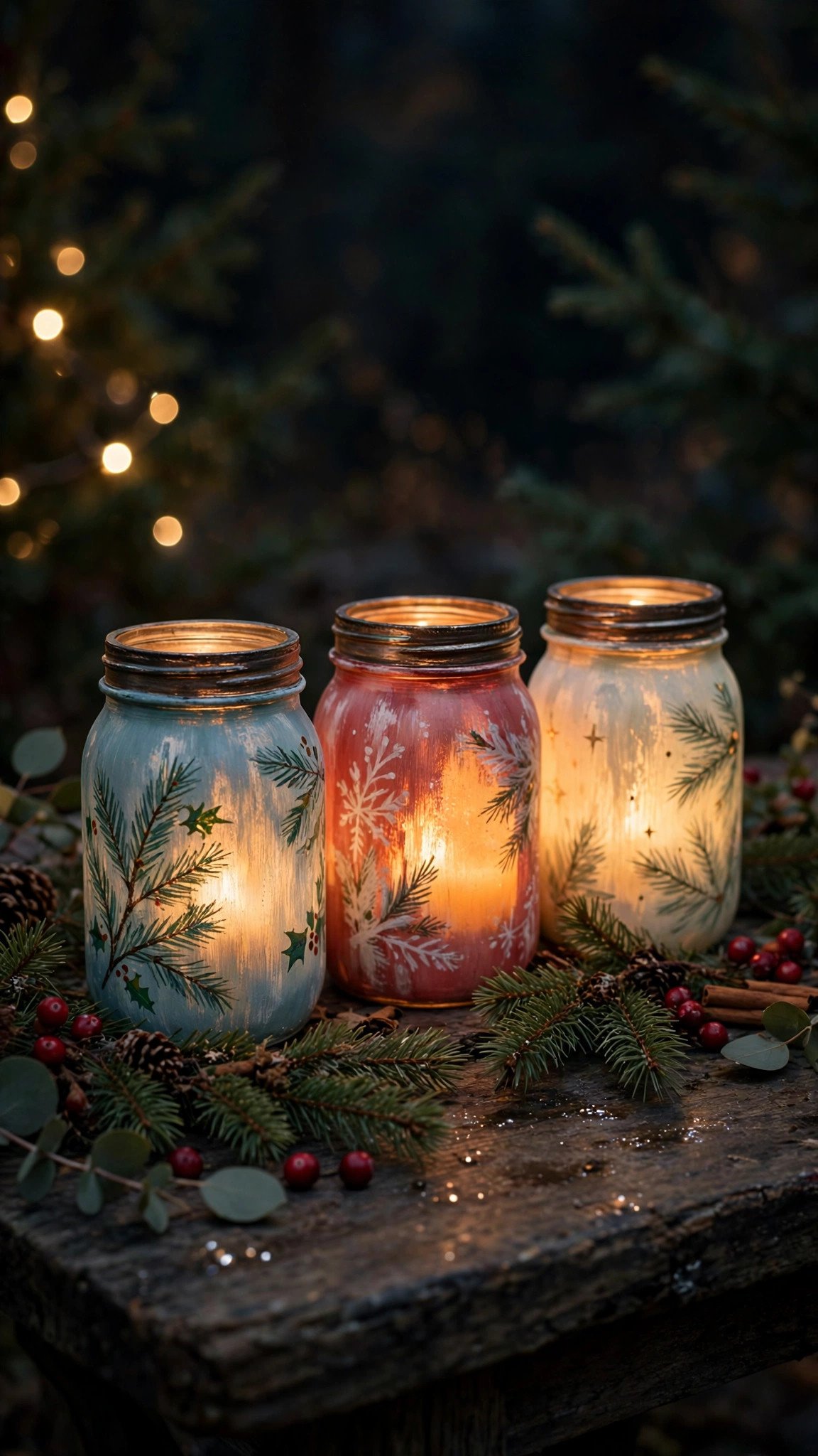 Painted mason jars glowing as Christmas luminaries with pine sprigs