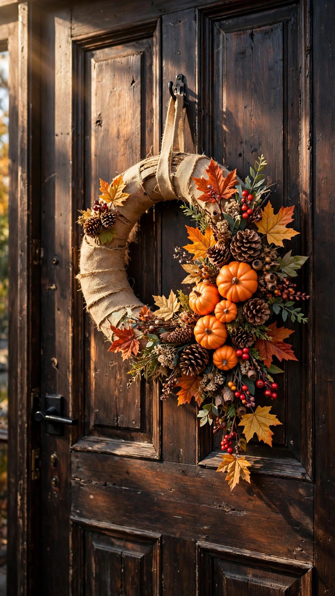 Burlap fall wreath with mini pumpkins and faux leaves on a front door