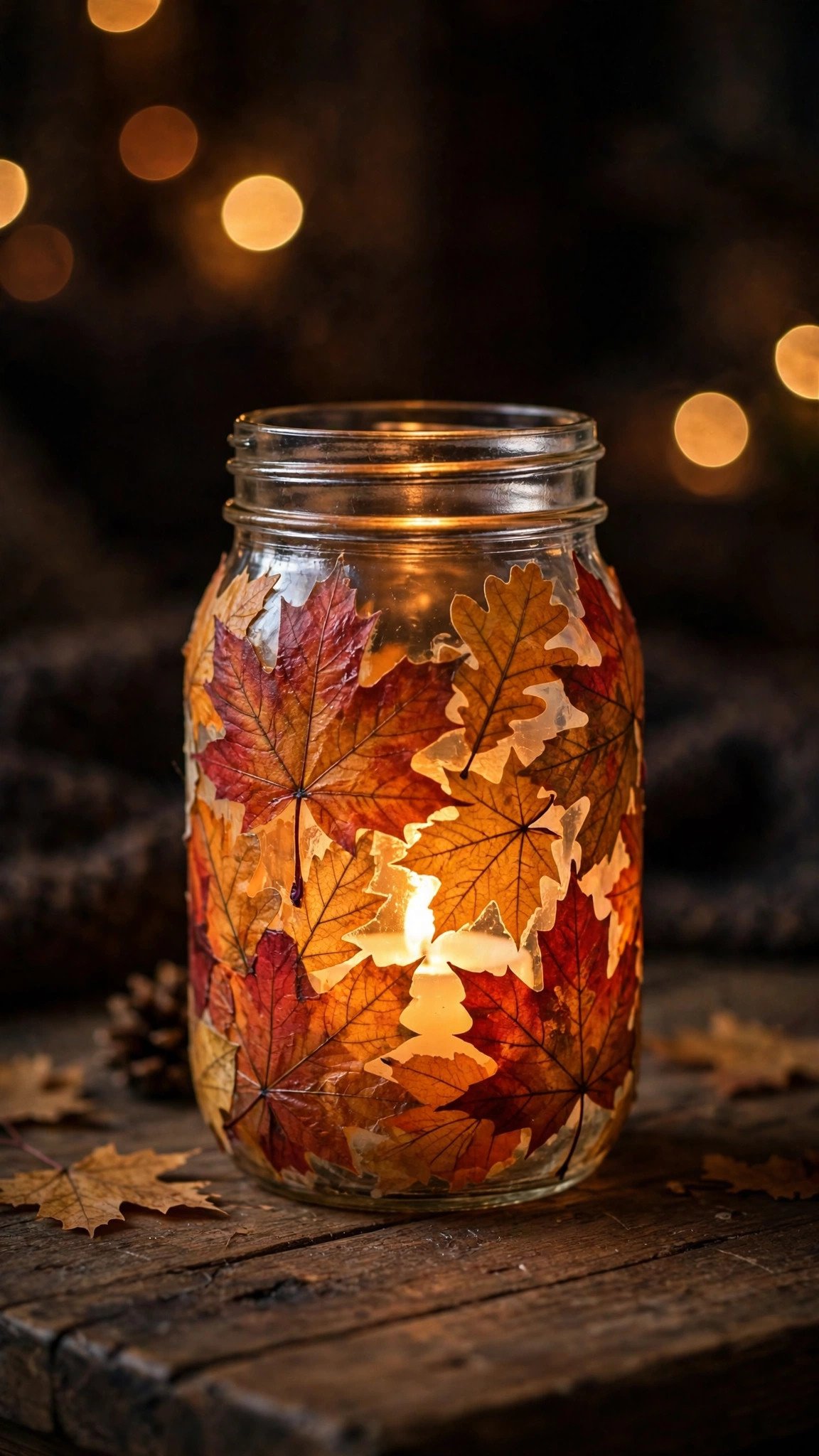 Mason jar lantern decoupaged with fall leaves glowing in a dark room