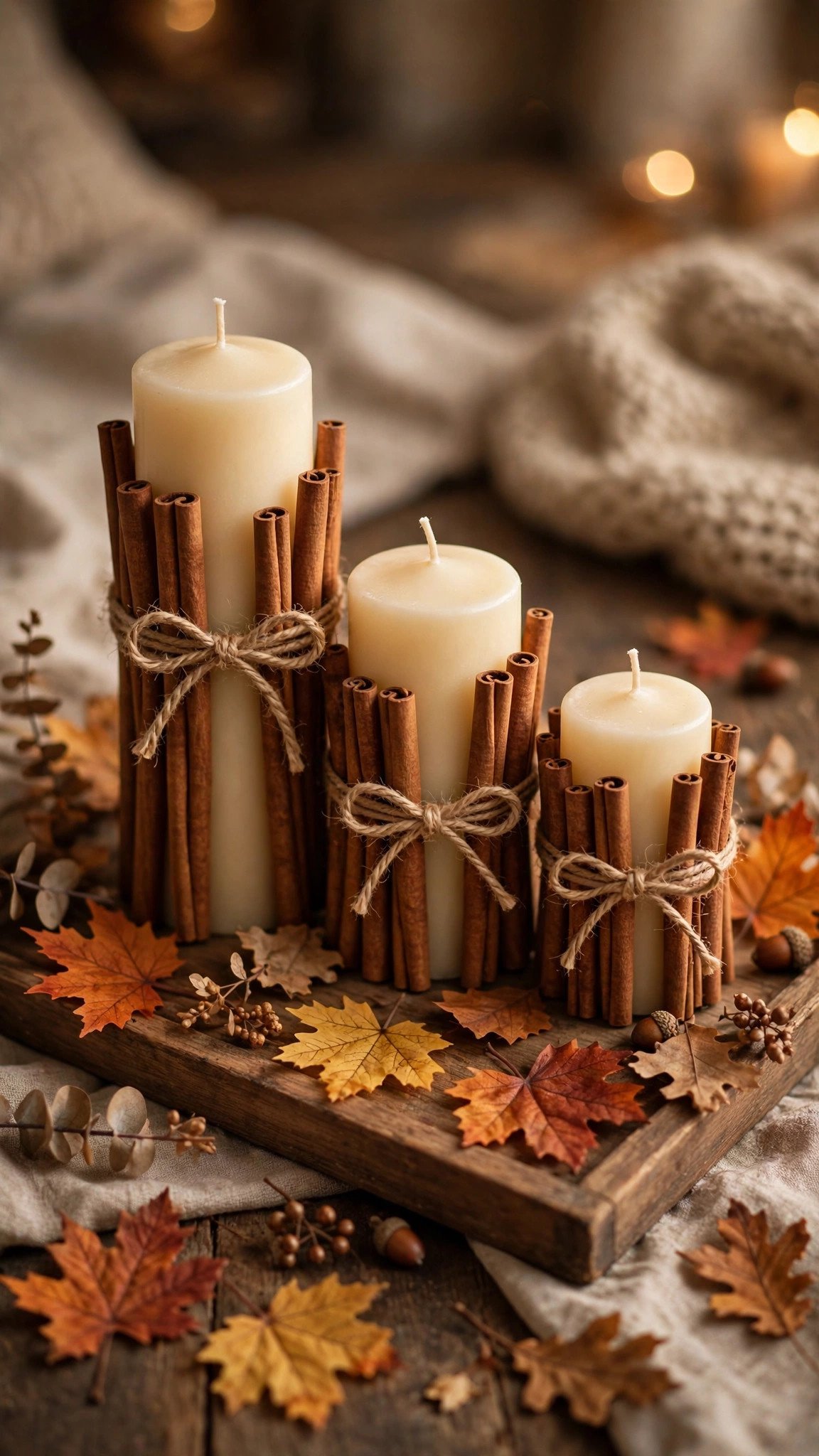 Pillar candles wrapped with cinnamon sticks tied in twine