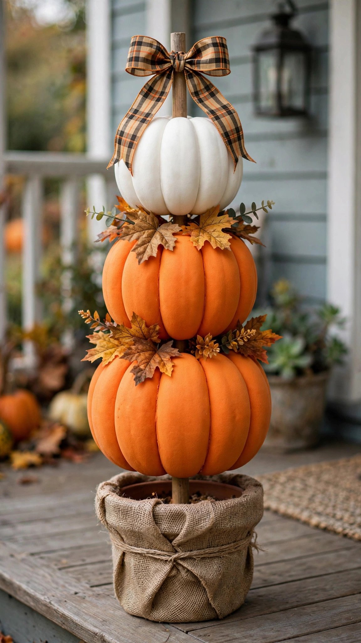 Stacked pumpkin topiary in a burlap-wrapped pot on a front porch