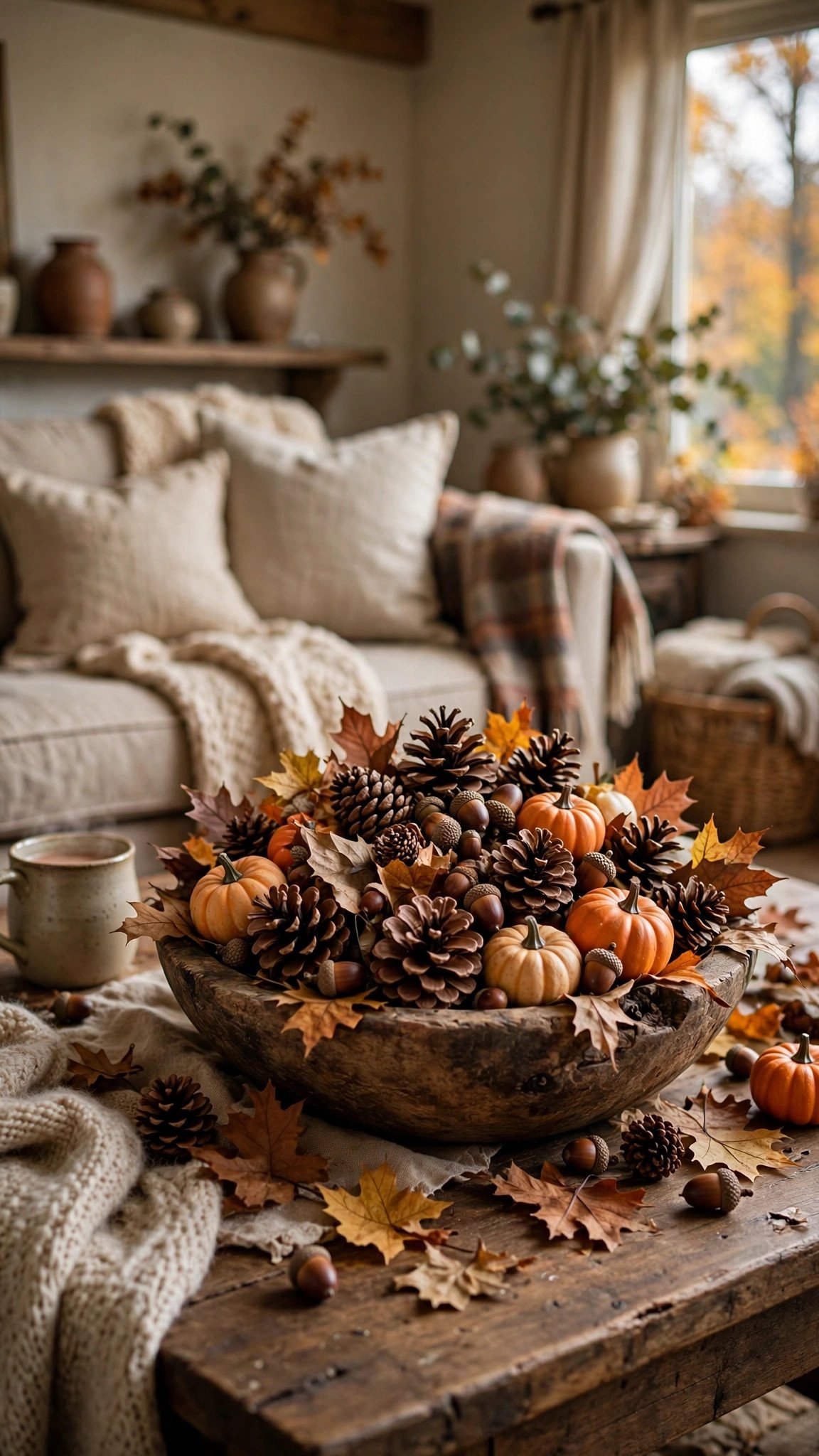 Wooden bowl filled with faux pinecones, acorns and mini pumpkins
