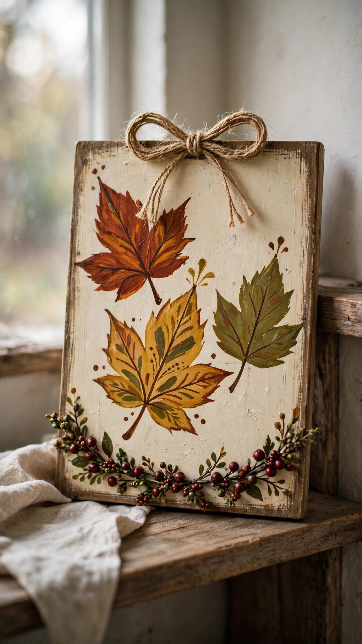 Hand-painted wooden plaque with folk-art fall leaves and jute bow