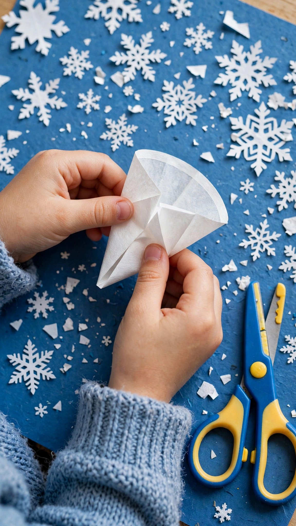 Delicate white coffee filter snowflakes made by kids