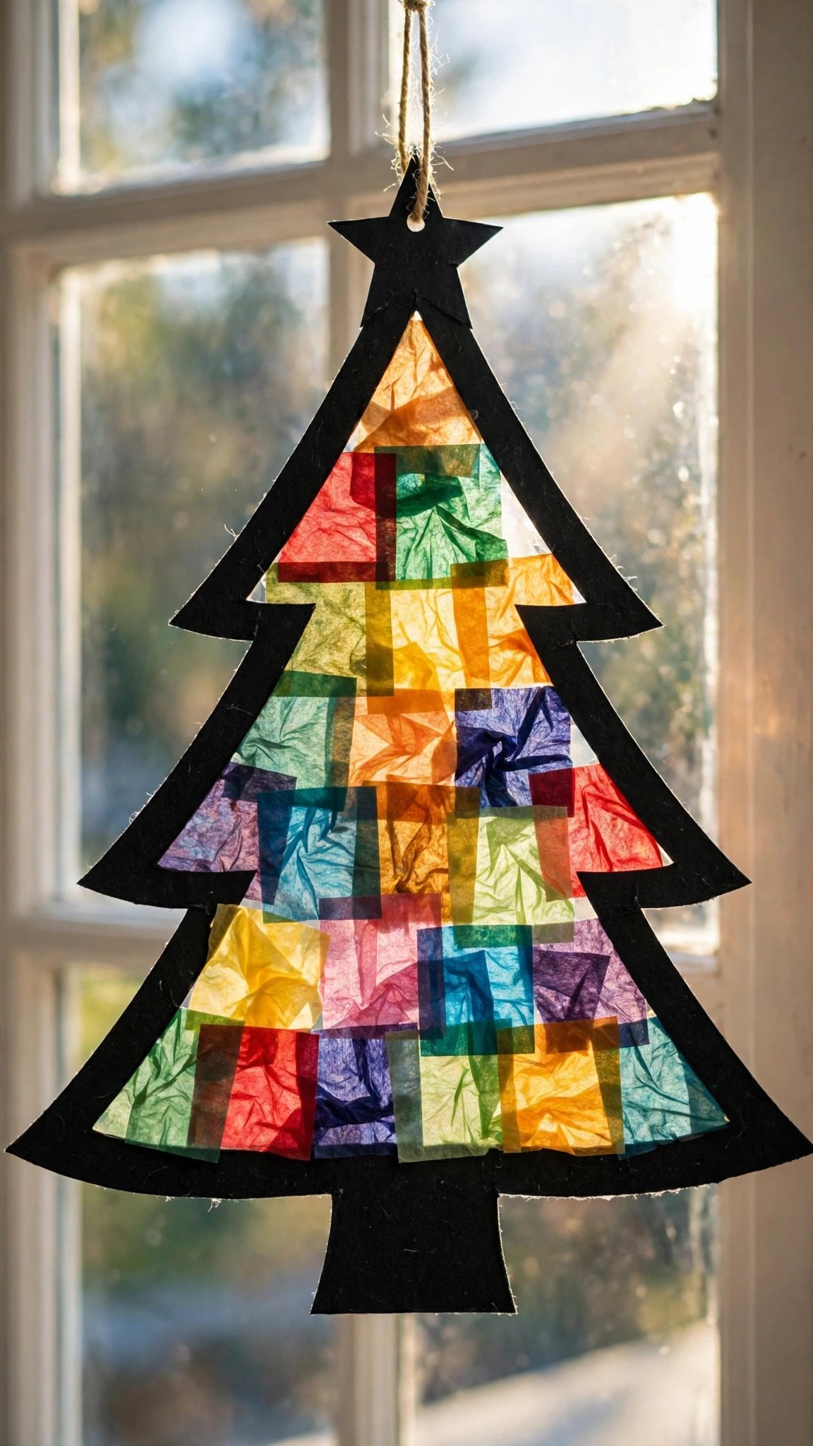 Tissue paper stained glass Christmas tree suncatcher glowing in a window