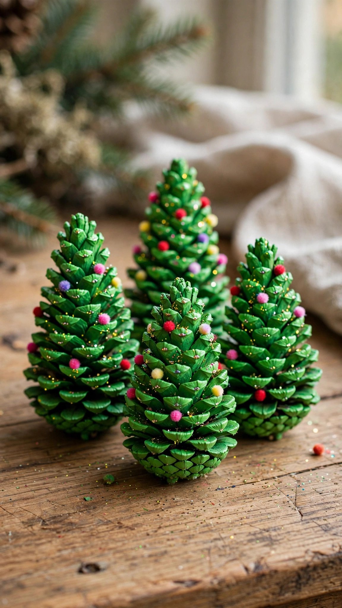 Pinecones painted green as mini Christmas trees with tiny ornaments