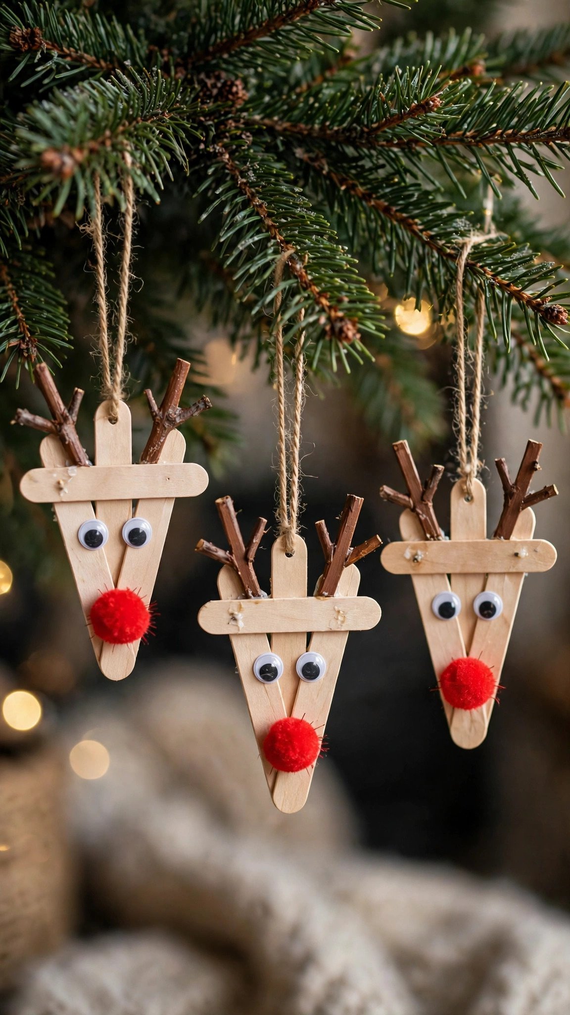 Cute popsicle stick reindeer ornaments with googly eyes and red noses