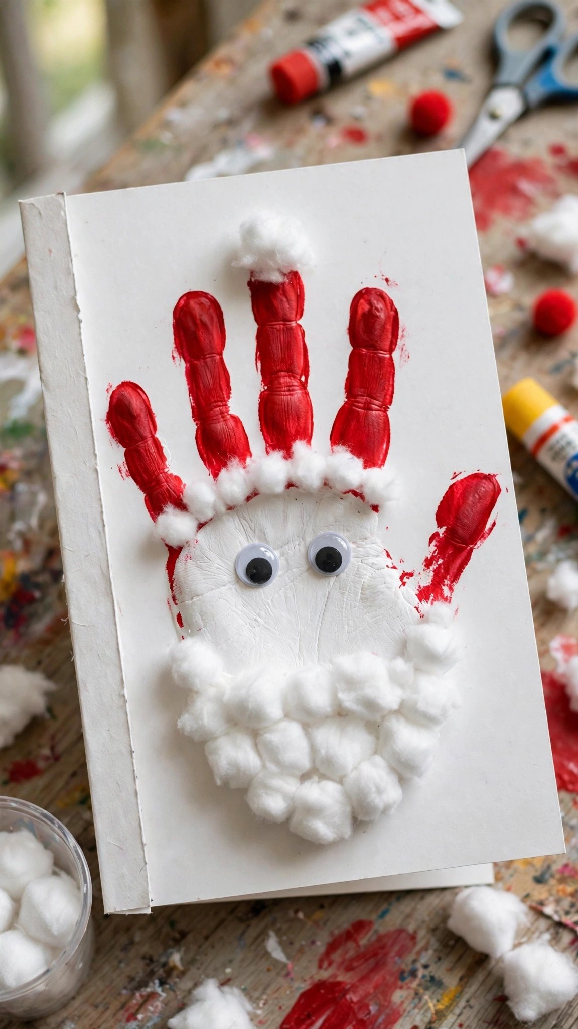 Handprint Santa card craft with red paint and cotton ball beard