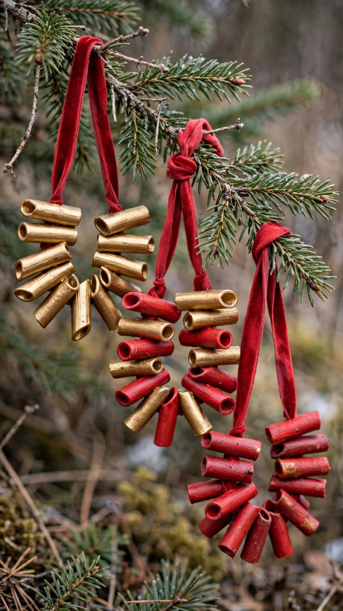 Painted gold pasta ornaments threaded on string for the Christmas tree