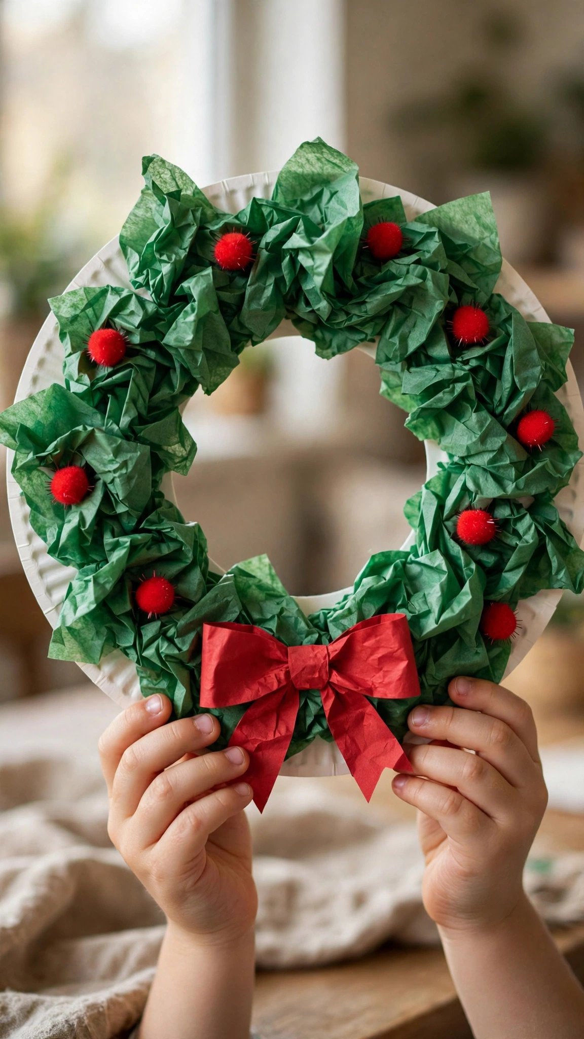 Paper plate Christmas wreath decorated with green tissue paper by kids