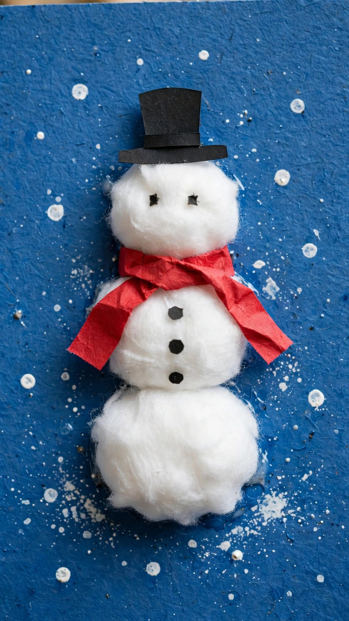Cotton ball snowman craft on blue cardstock with paper hat and scarf