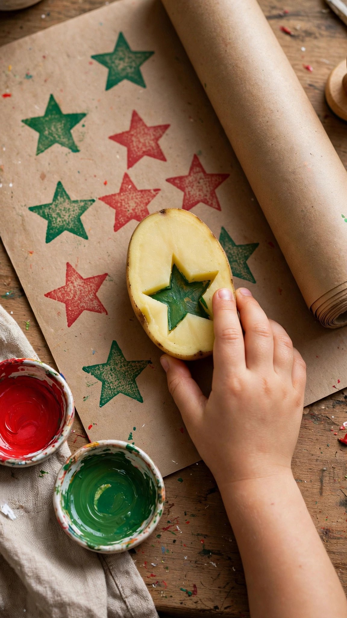 Kids stamping red and green stars on kraft gift wrap with potato stamps