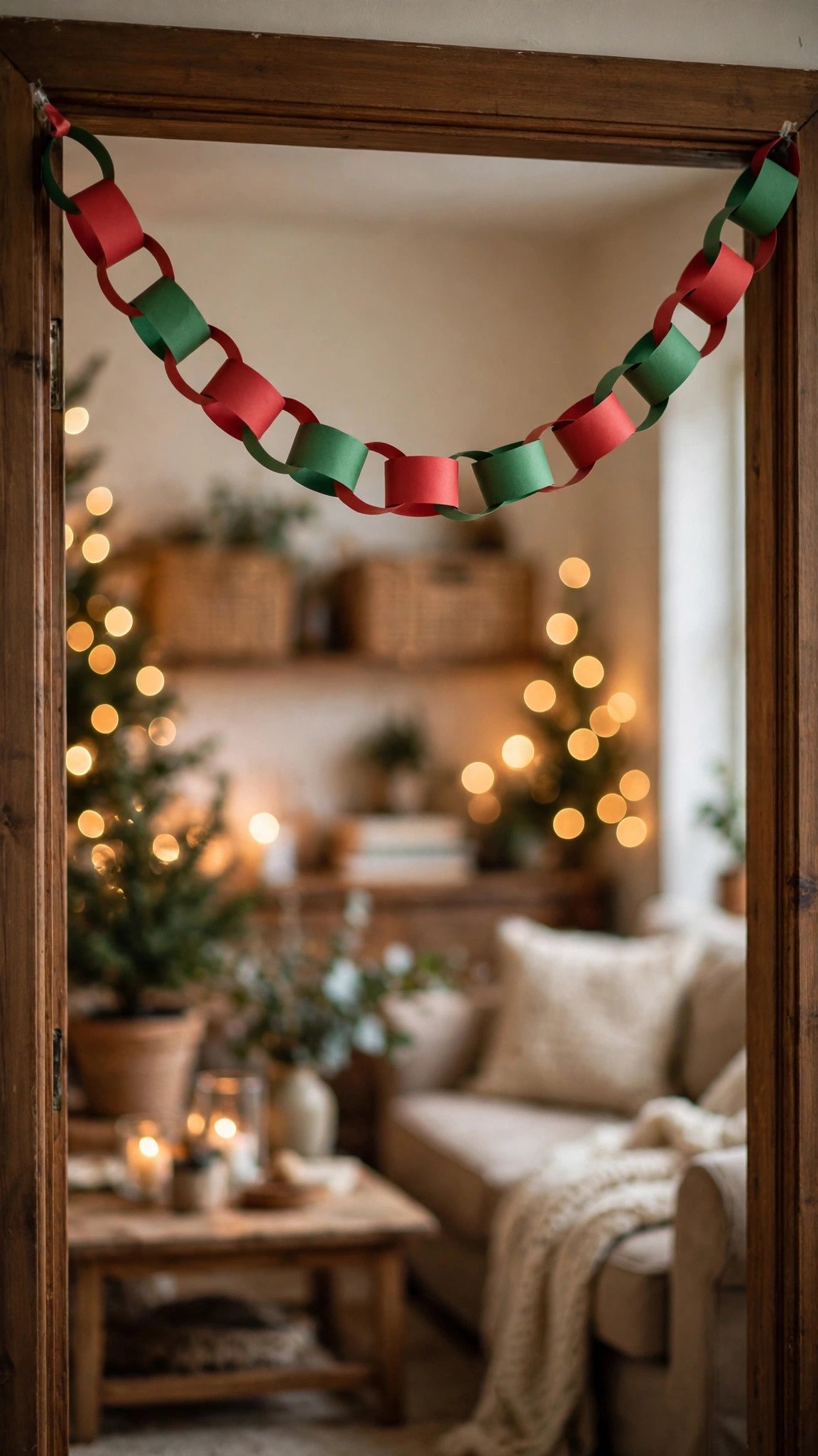 Red and green paper chain advent countdown craft hanging in a living room