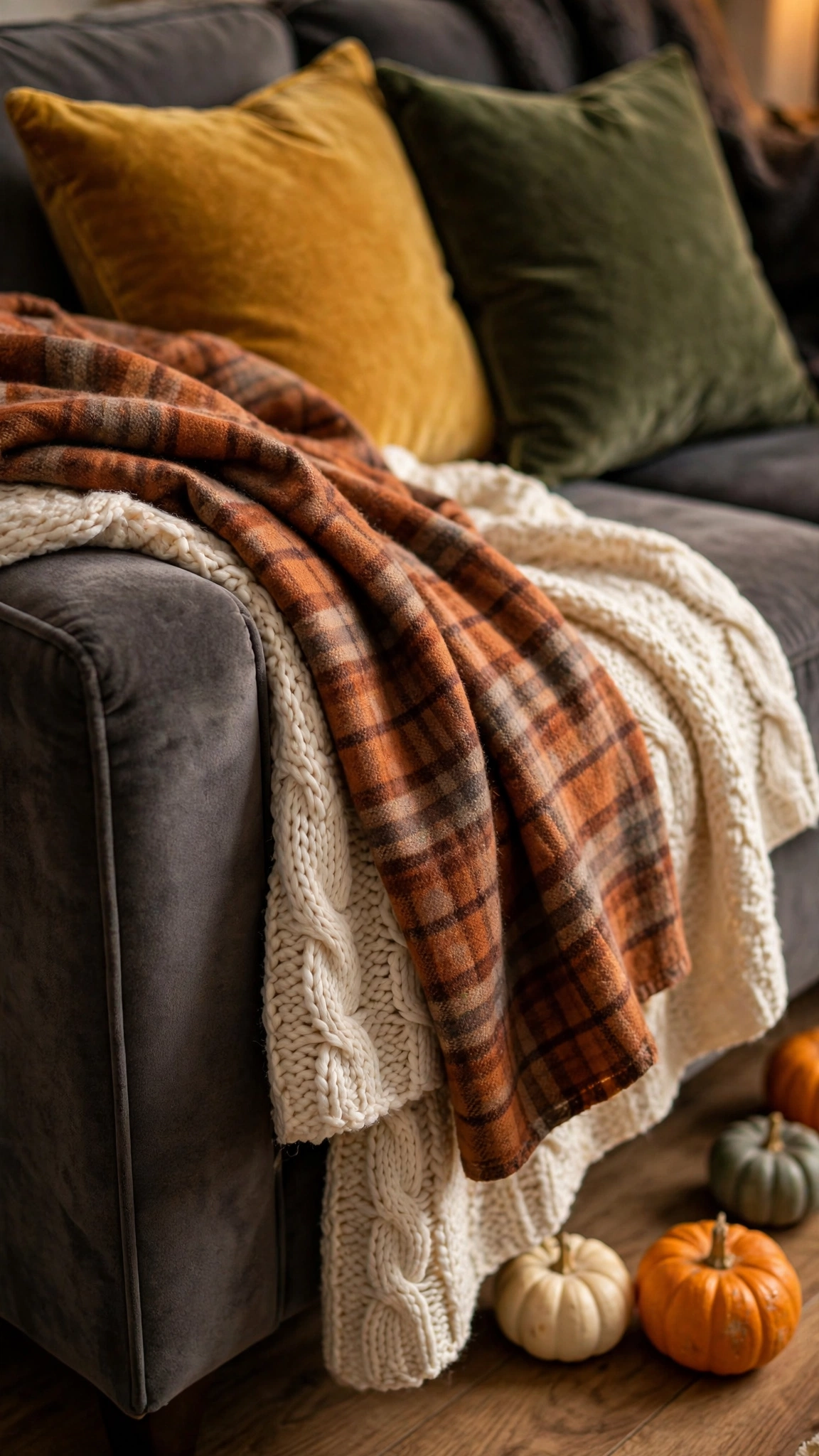 Sofa layered with plaid throws and knit blankets in autumn colors