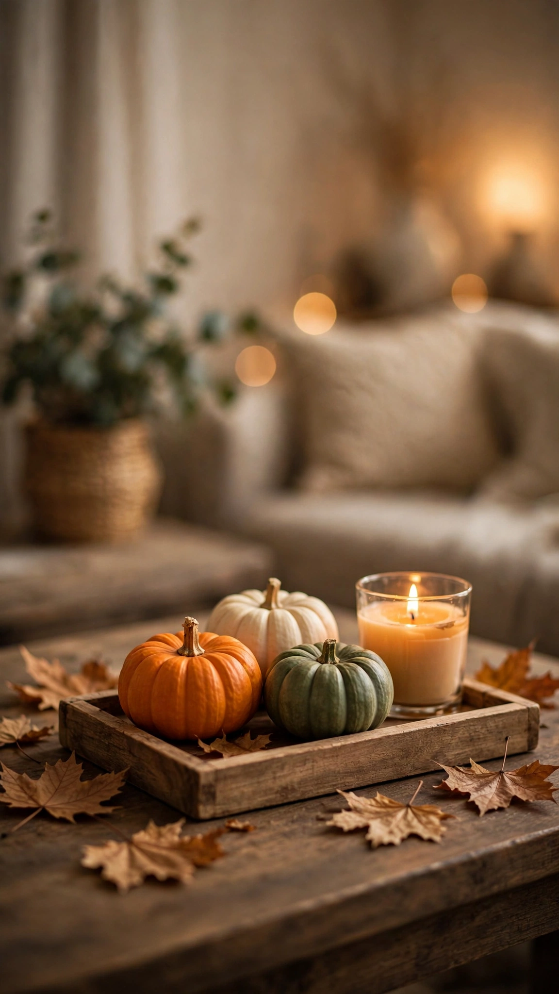 Console table styled with a mini pumpkin vignette, candle and fall leaves