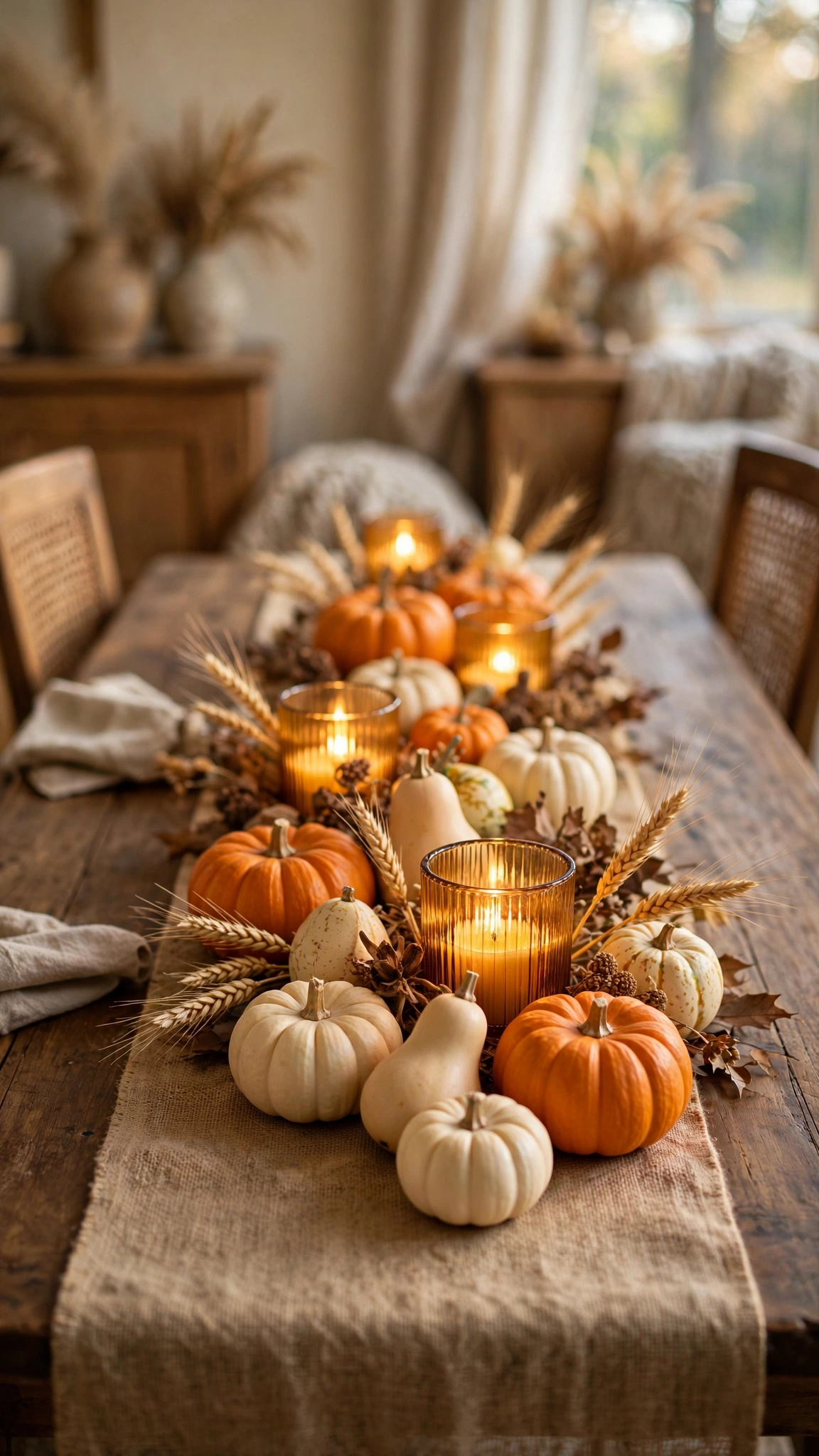 Dining table with a harvest tablescape of pumpkins, linen runner and candles
