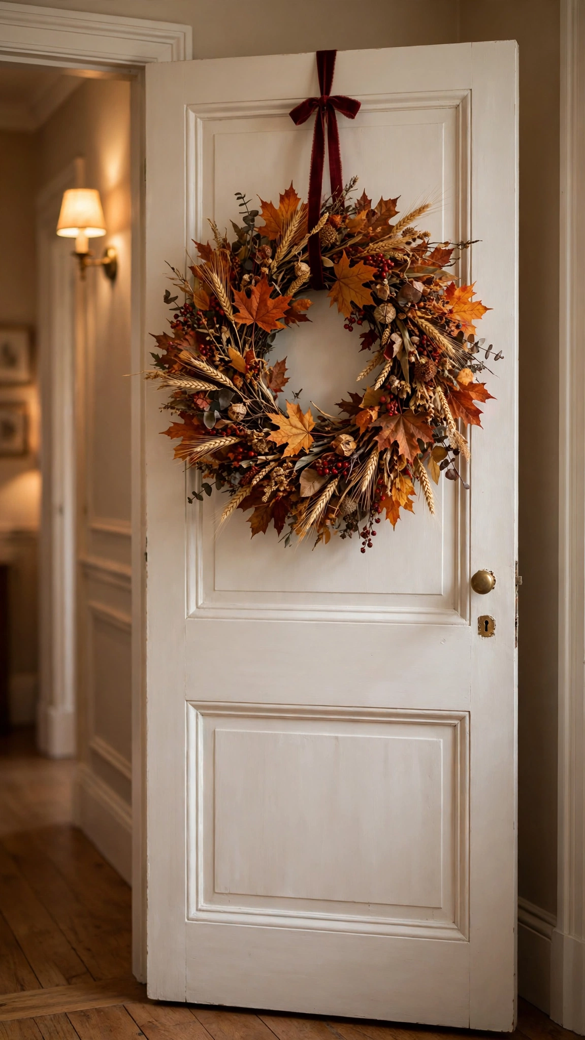 Interior door decorated with a full fall leaf wreath