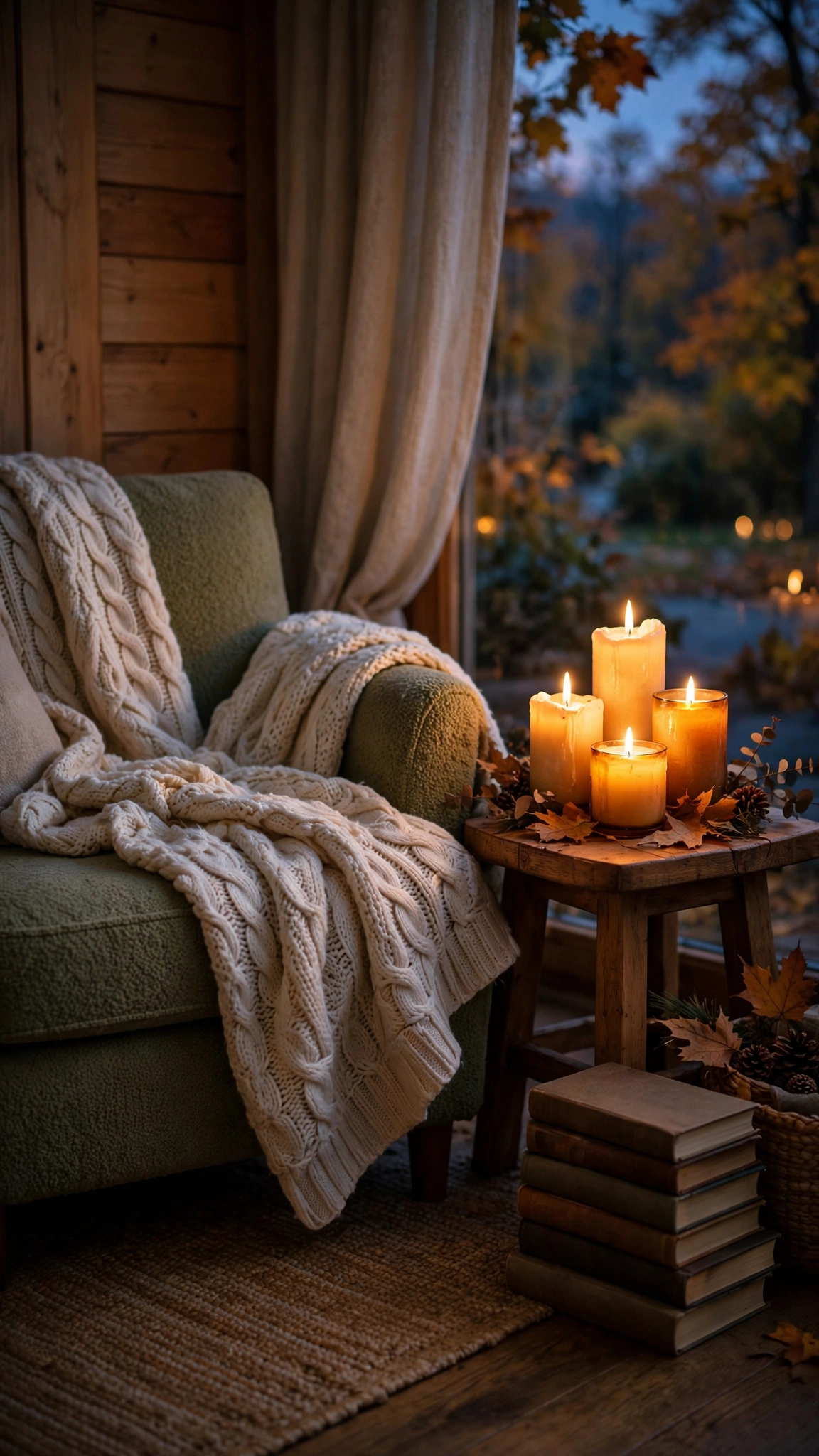 Cozy reading corner glowing with lit candles in warm amber light