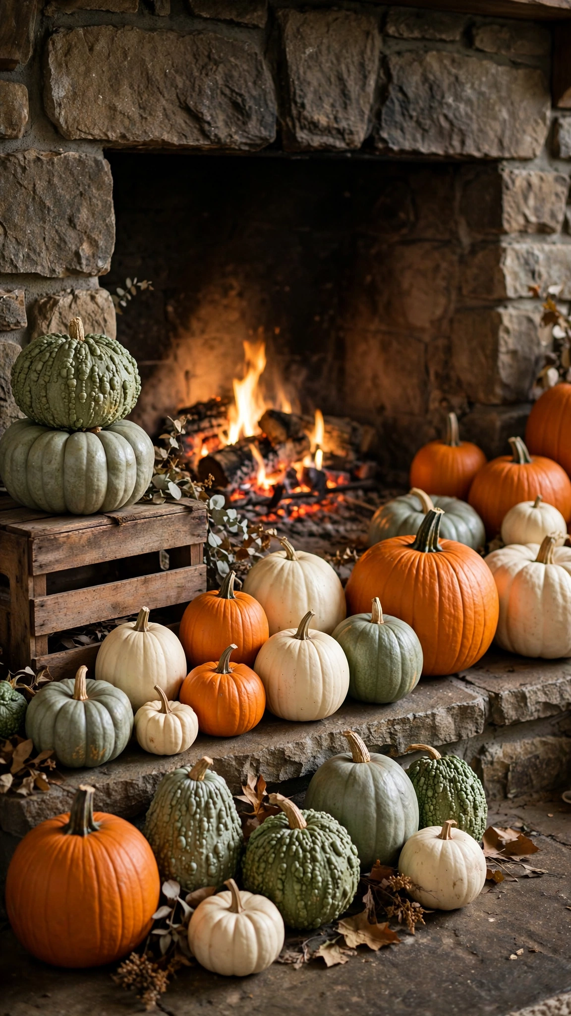 Fireplace hearth lined with pumpkins and gourds in fall colors