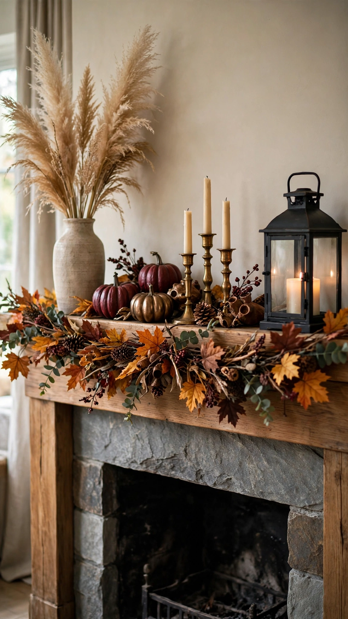 Fireplace mantel styled with dried pampas grass, lanterns and a fall garland