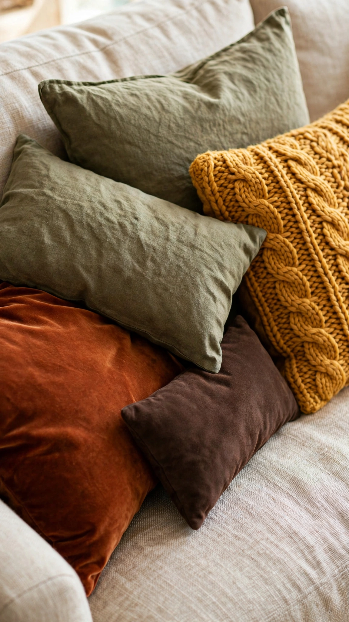 Sofa with throw pillows in rust, mustard and olive autumn textures