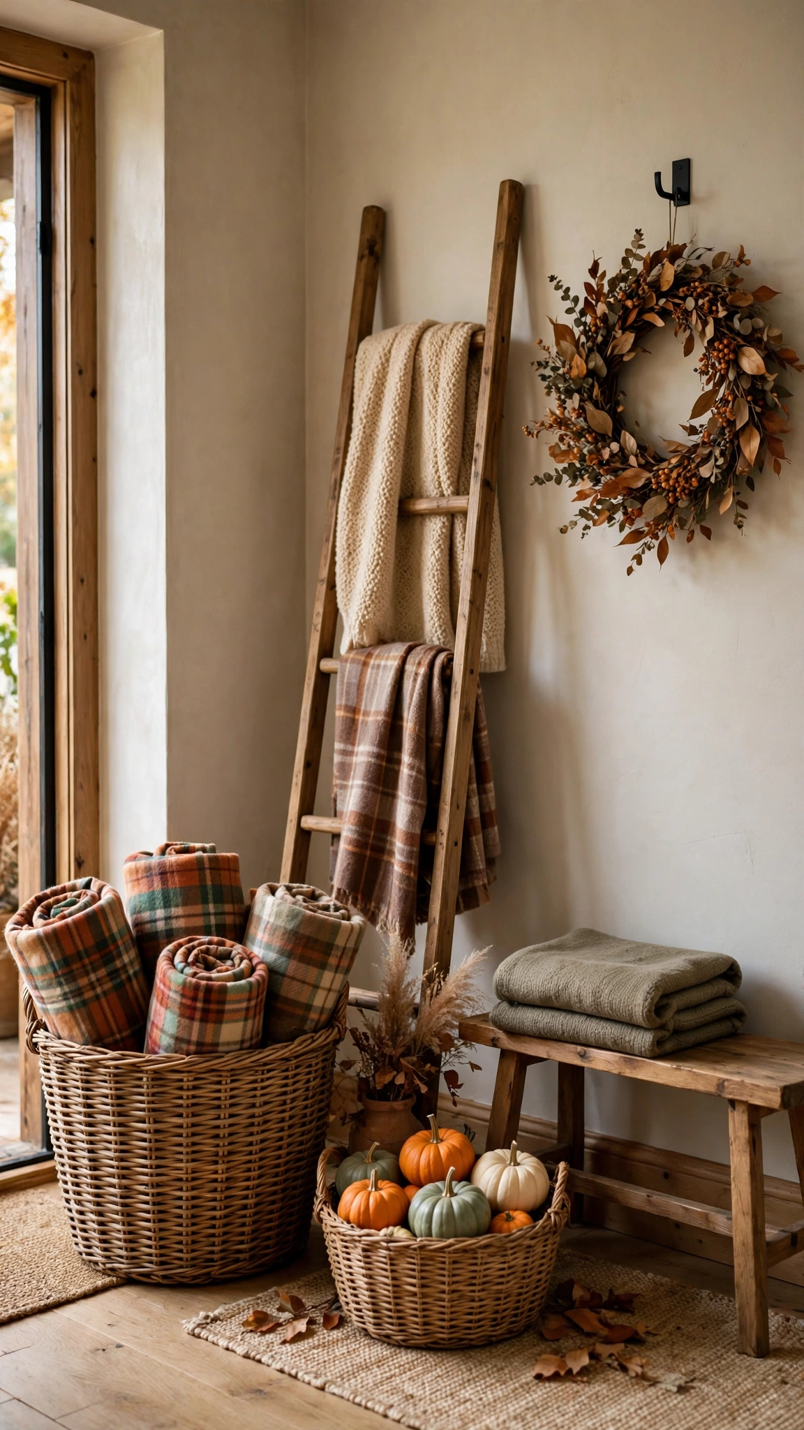 Entryway with woven baskets, a blanket ladder and small pumpkins